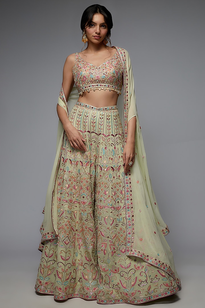 Green Georgette Embroidered Bridal Sharara Set by Tamanna Punjabi Kapoor at Pernia's Pop Up Shop