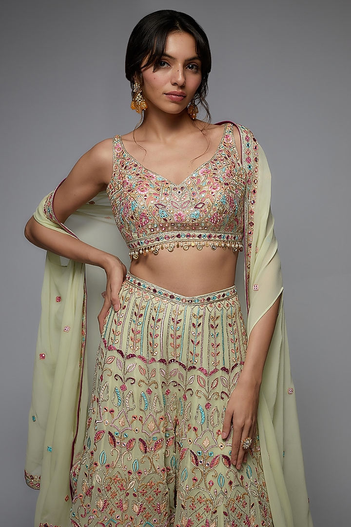 Green Georgette Embroidered Bridal Sharara Set by Tamanna Punjabi Kapoor at Pernia's Pop Up Shop