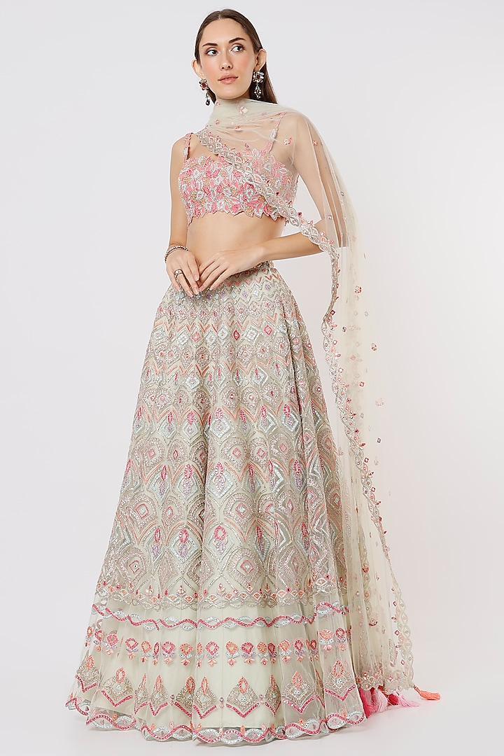 Mint Green & Pink Net Embroidered Lehenga Set by Tamanna Punjabi Kapoor