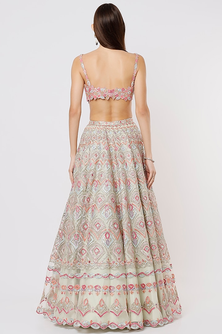 Mint Green & Pink Net Embroidered Bridal Lehenga Set by Tamanna Punjabi Kapoor at Pernia's Pop Up Shop
