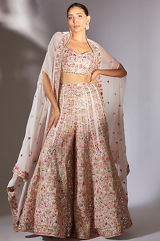 Light Pink Georgette Embroidered Cape Set by Tamanna Punjabi Kapoor