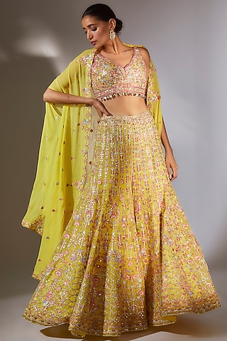 Yellow Georgette Embroidered Cape Set by Tamanna Punjabi Kapoor