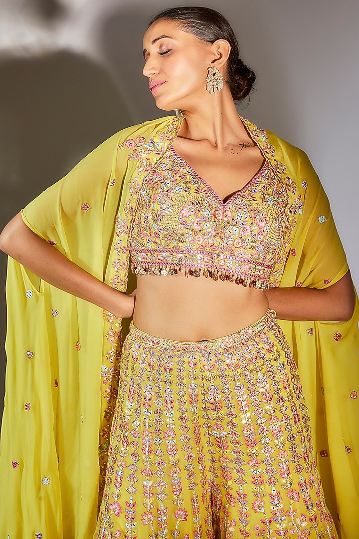 Yellow Georgette Embroidered Cape Set by Tamanna Punjabi Kapoor at Pernia's Pop Up Shop