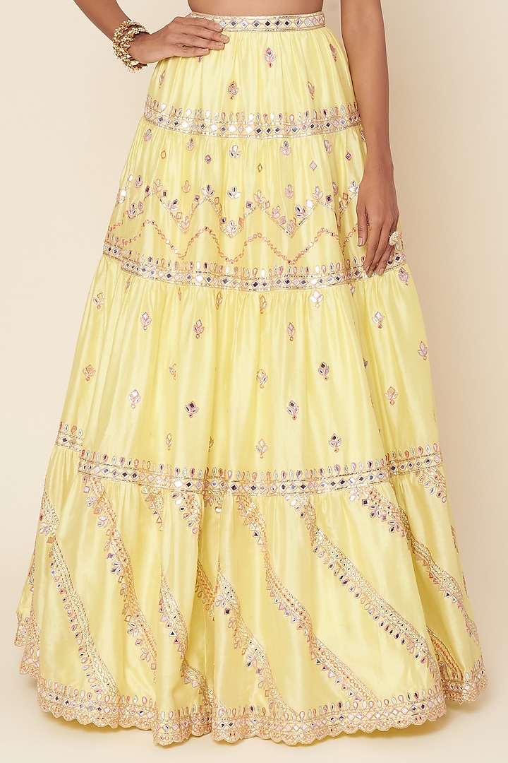 Lemon Yellow Embroidered Tiered Bridal Lehenga Set by Tamanna Punjabi Kapoor at Pernia's Pop Up Shop