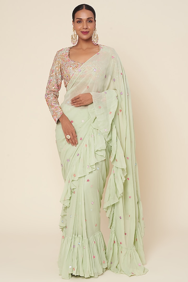 Mint Green Georgette Saree Set by Tamanna Punjabi Kapoor