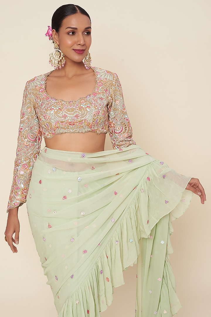 Mint Green Georgette Ruffle Wedding Saree Set by Tamanna Punjabi Kapoor at Pernia's Pop Up Shop