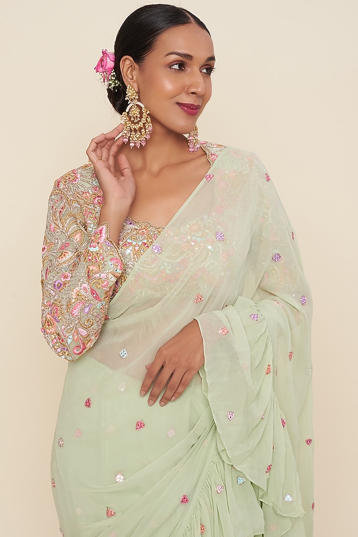 Mint Green Georgette Ruffle Wedding Saree Set by Tamanna Punjabi Kapoor at Pernia's Pop Up Shop