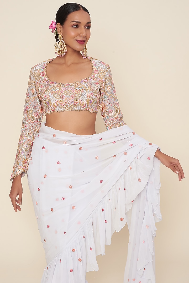 Ice Blue Georgette Wedding Saree Set by Tamanna Punjabi Kapoor at Pernia's Pop Up Shop