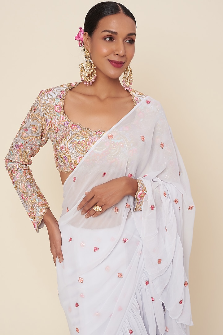 Ice Blue Georgette Wedding Saree Set by Tamanna Punjabi Kapoor at Pernia's Pop Up Shop