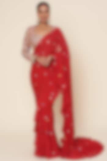 Red Georgette Ruffled Saree Set by Tamanna Punjabi Kapoor