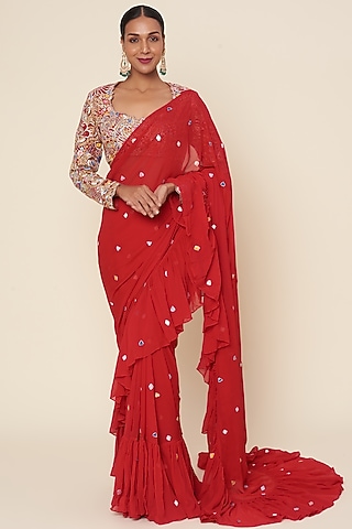 Red Georgette Ruffled Saree Set by Tamanna Punjabi Kapoor