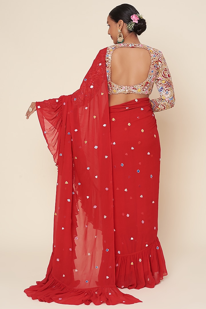 Red Georgette Ruffled Wedding Saree Set by Tamanna Punjabi Kapoor at Pernia's Pop Up Shop