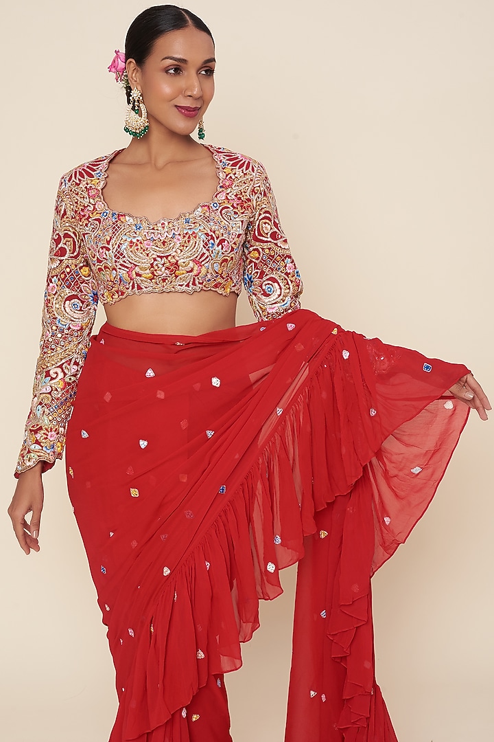 Red Georgette Ruffled Wedding Saree Set by Tamanna Punjabi Kapoor at Pernia's Pop Up Shop