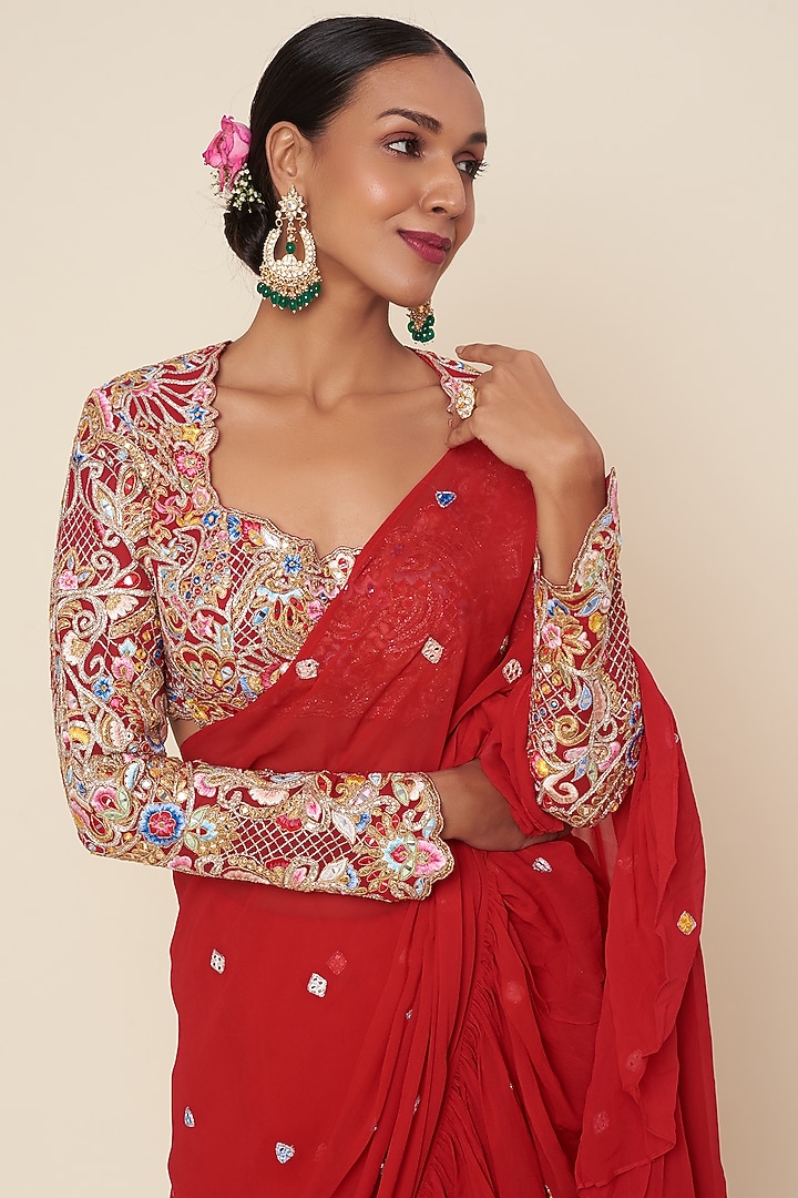 Red Georgette Ruffled Wedding Saree Set by Tamanna Punjabi Kapoor at Pernia's Pop Up Shop