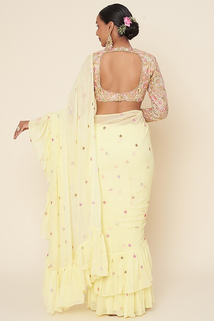 Lemon Yellow Georgette Ruffled Wedding Saree Set by Tamanna Punjabi Kapoor at Pernia's Pop Up Shop