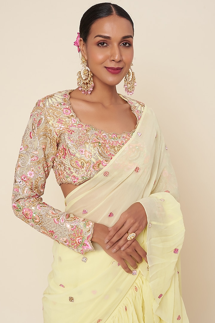 Lemon Yellow Georgette Ruffled Wedding Saree Set by Tamanna Punjabi Kapoor at Pernia's Pop Up Shop