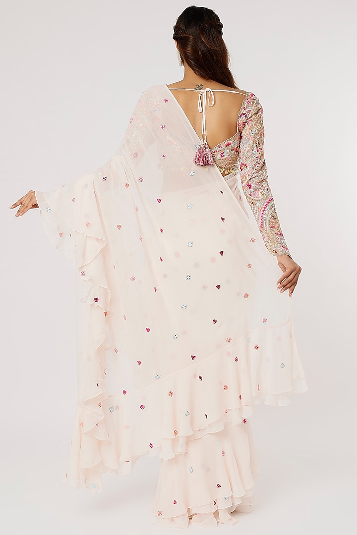 Nude Georgette Ruffled Wedding Saree Set by Tamanna Punjabi Kapoor at Pernia's Pop Up Shop