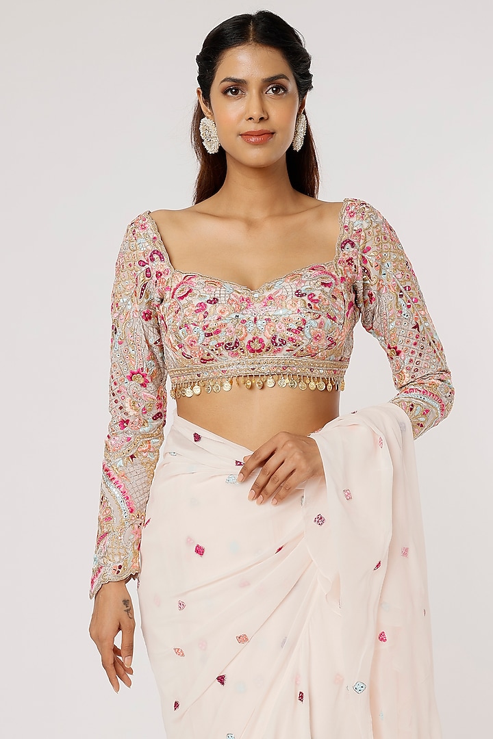 Nude Georgette Ruffled Wedding Saree Set by Tamanna Punjabi Kapoor at Pernia's Pop Up Shop