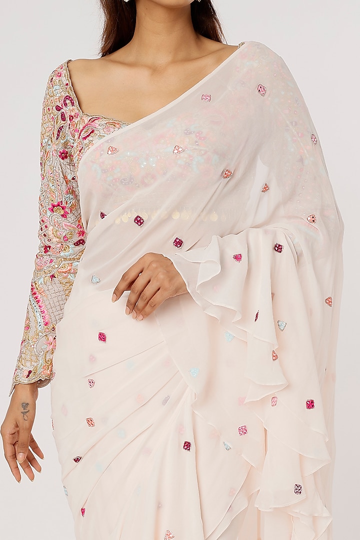 Nude Georgette Ruffled Wedding Saree Set by Tamanna Punjabi Kapoor at Pernia's Pop Up Shop