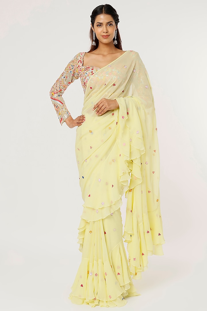 Yellow Georgette Embroidered Saree Set by Tamanna Punjabi Kapoor