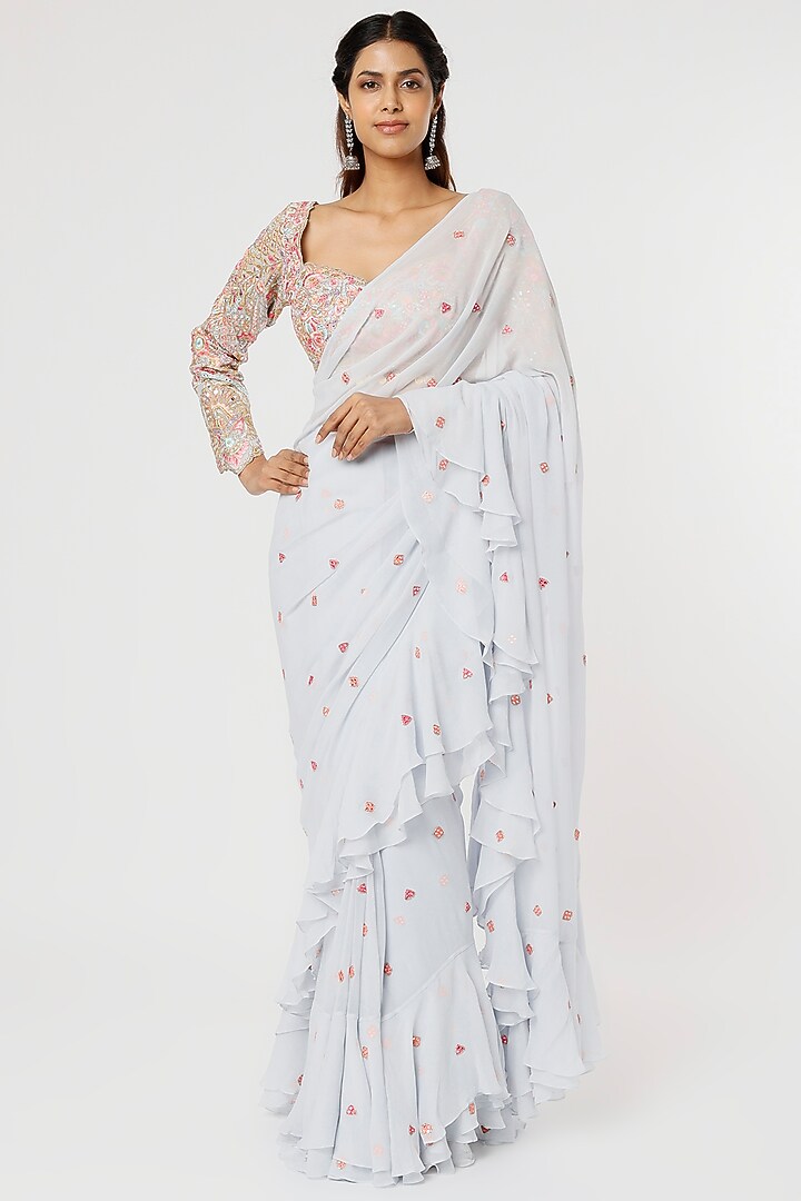 Ice Blue Georgette Embroidered Wedding Saree Set by Tamanna Punjabi Kapoor at Pernia's Pop Up Shop