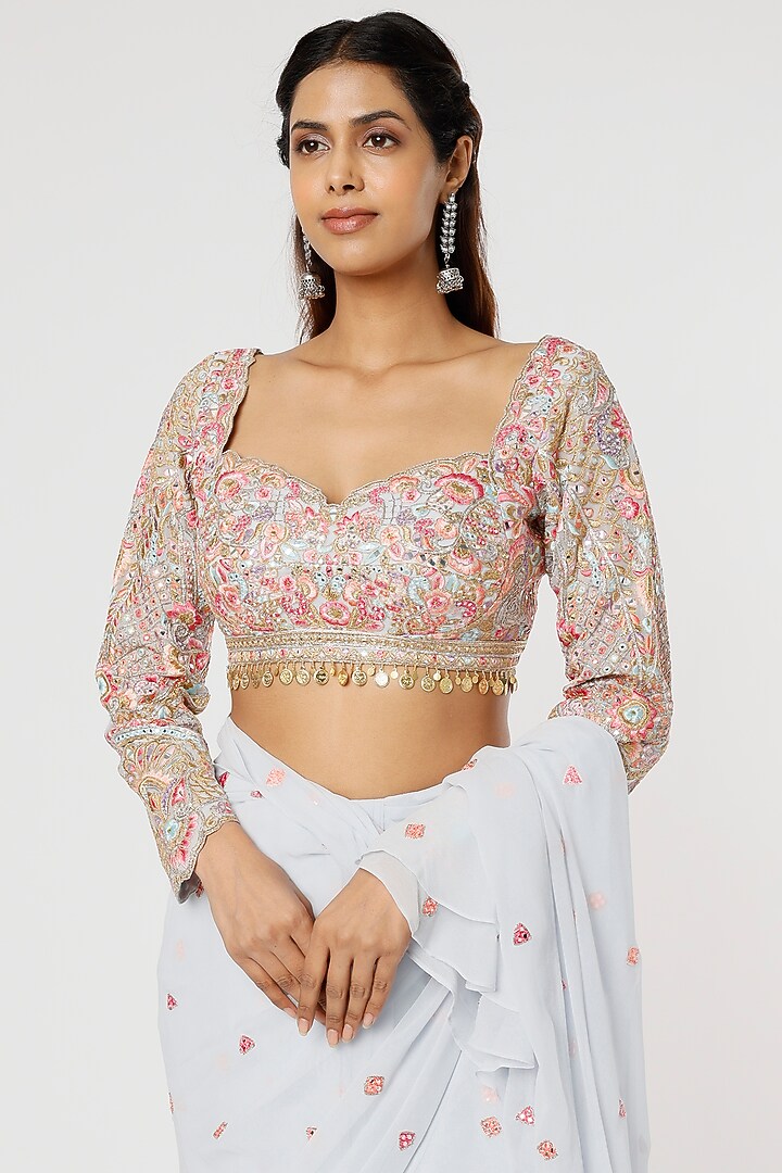 Ice Blue Georgette Embroidered Wedding Saree Set by Tamanna Punjabi Kapoor at Pernia's Pop Up Shop