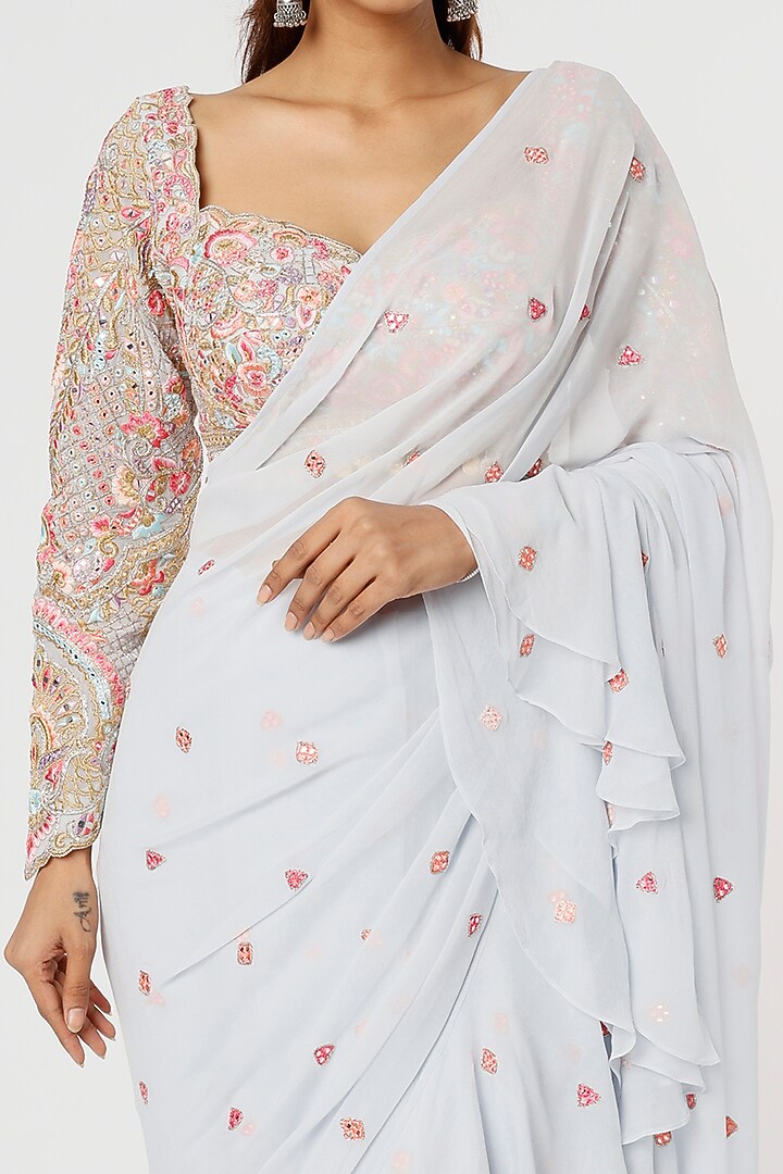 Ice Blue Georgette Embroidered Wedding Saree Set by Tamanna Punjabi Kapoor at Pernia's Pop Up Shop