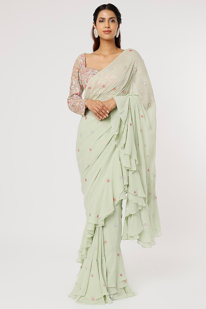 Mint Green Georgette Embroidered Saree Set by Tamanna Punjabi Kapoor