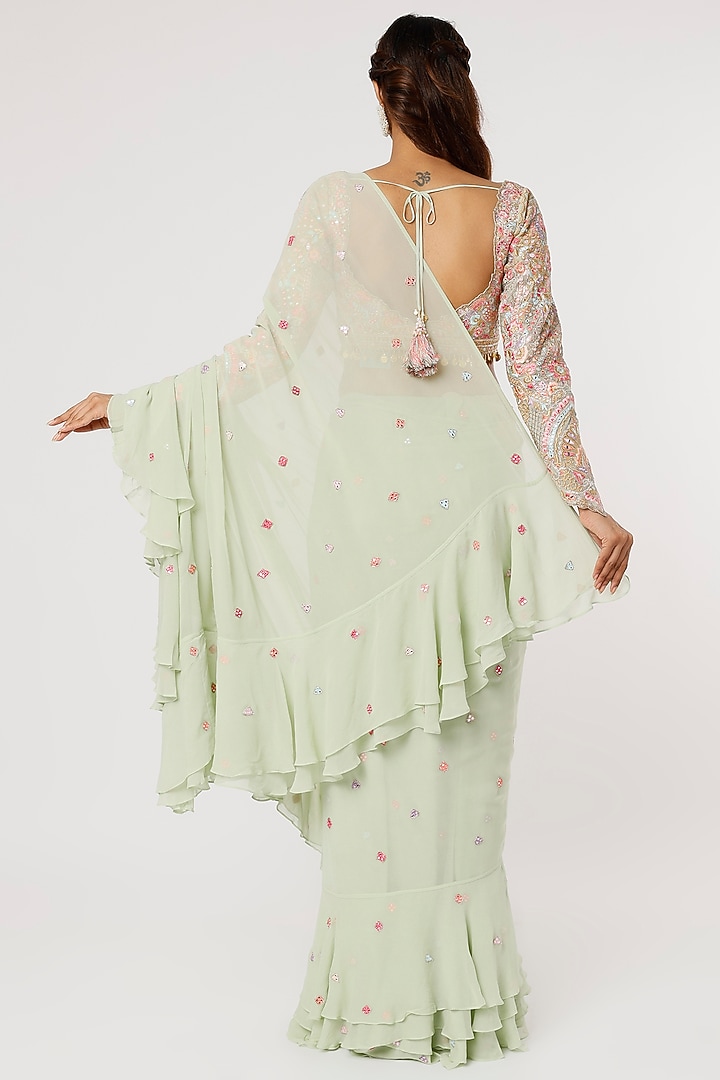 Mint Green Georgette Embroidered Wedding Saree Set by Tamanna Punjabi Kapoor at Pernia's Pop Up Shop