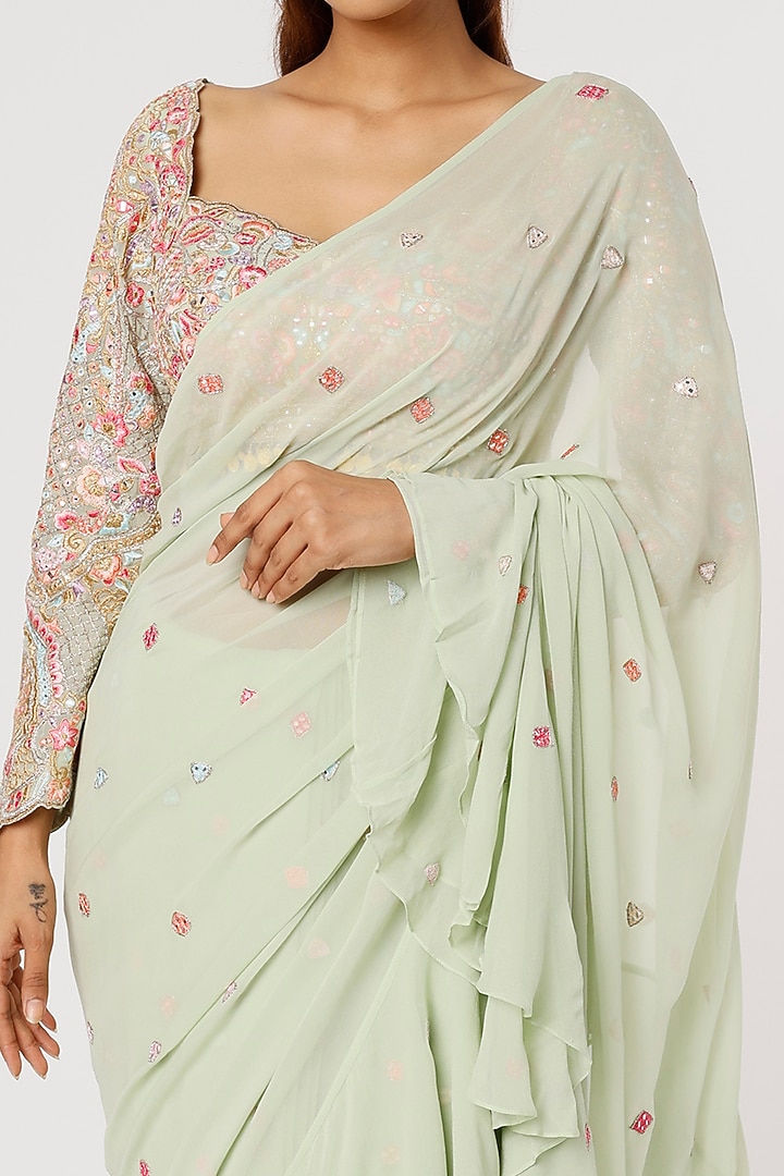 Mint Green Georgette Embroidered Wedding Saree Set by Tamanna Punjabi Kapoor at Pernia's Pop Up Shop