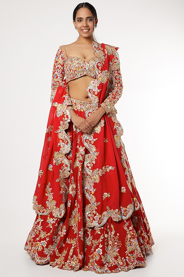 Red Floral Embroidered Lehenga Set by Tamanna Punjabi Kapoor