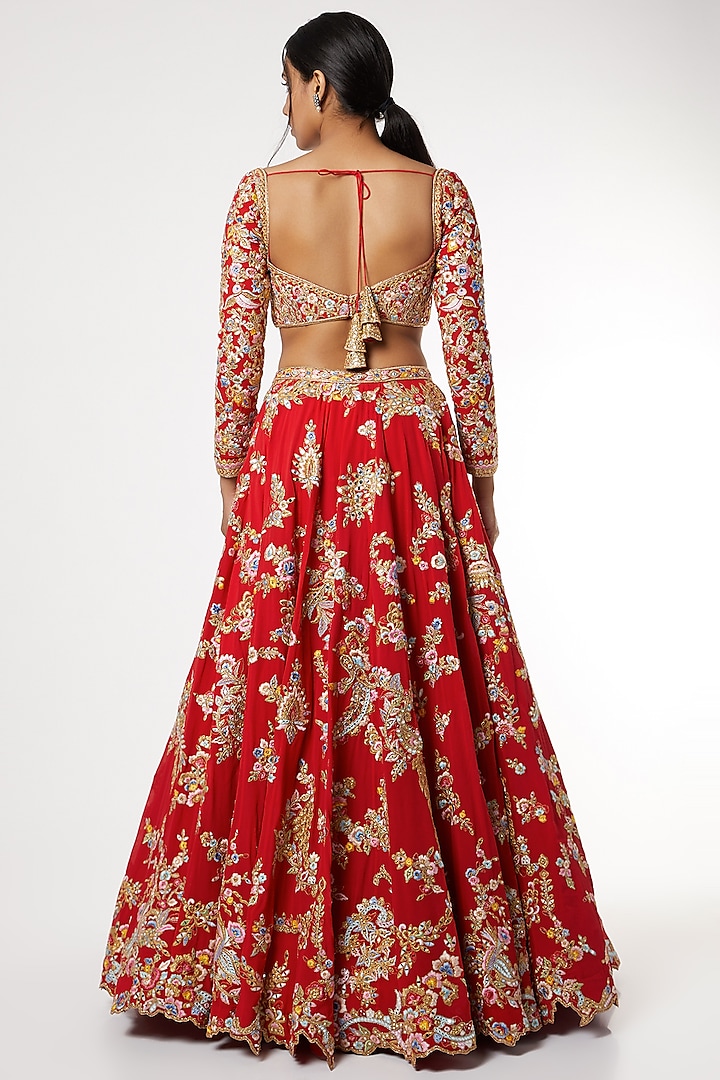 Red Floral Embroidered Bridal Lehenga Set by Tamanna Punjabi Kapoor at Pernia's Pop Up Shop