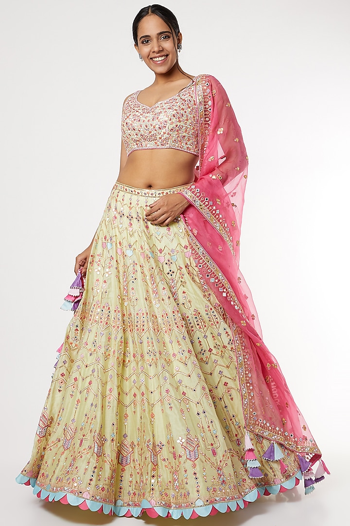 Mint Green & Pink Resham Embroidered Bridal Lehenga Set by Tamanna Punjabi Kapoor at Pernia's Pop Up Shop