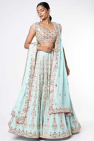 Powder Blue Mirror Embroidered Lehenga Set by Tamanna Punjabi Kapoor