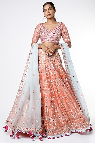 Peach & Sky Blue Mirror Embroidered Scalloped Lehenga Set by Tamanna Punjabi Kapoor