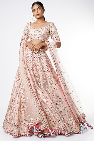 Blush Peach Resham Embroidered Scalloped Lehenga Set by Tamanna Punjabi Kapoor