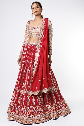 Red Gota Embroidered Lehenga Set by Tamanna Punjabi Kapoor