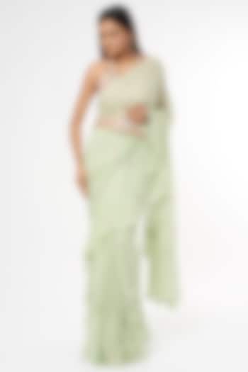 Mint Green Georgette Ruffled Saree Set by Tamanna Punjabi Kapoor
