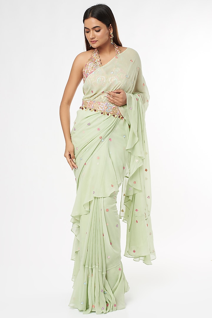 Mint Green Georgette Ruffled Saree Set by Tamanna Punjabi Kapoor