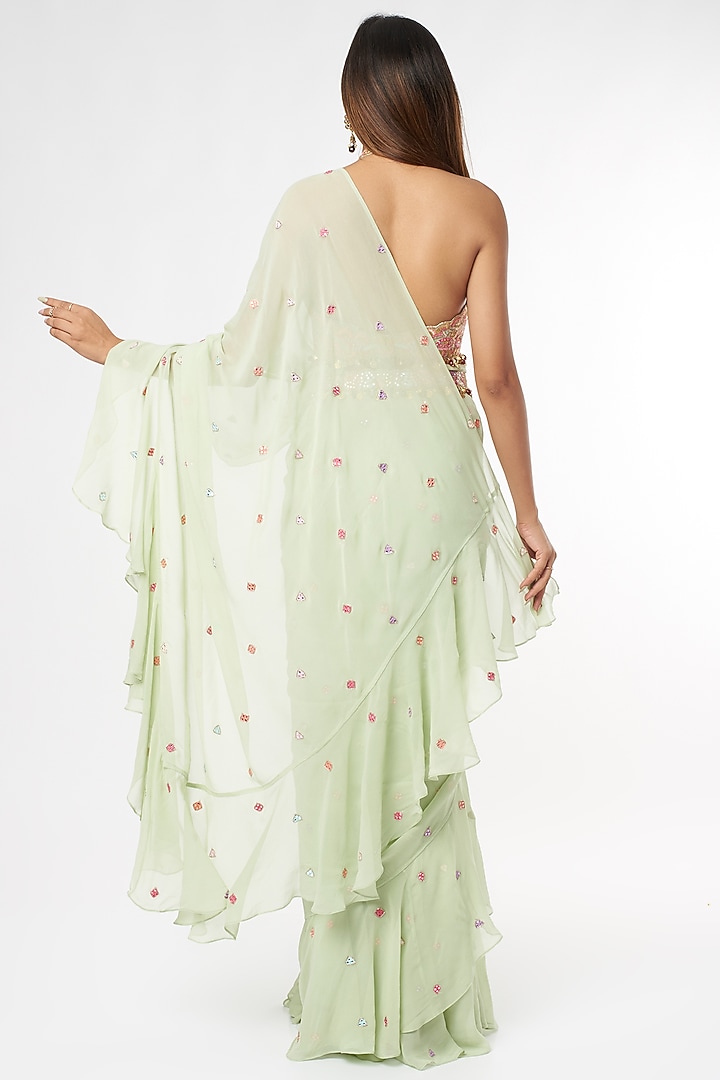 Mint Green Georgette Ruffled Wedding Saree Set by Tamanna Punjabi Kapoor at Pernia's Pop Up Shop