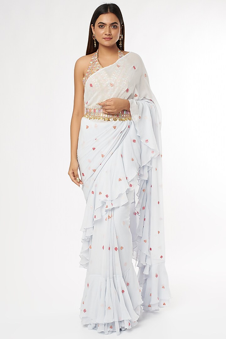 Ice Blue Georgette Ruffled Wedding Saree Set by Tamanna Punjabi Kapoor at Pernia's Pop Up Shop