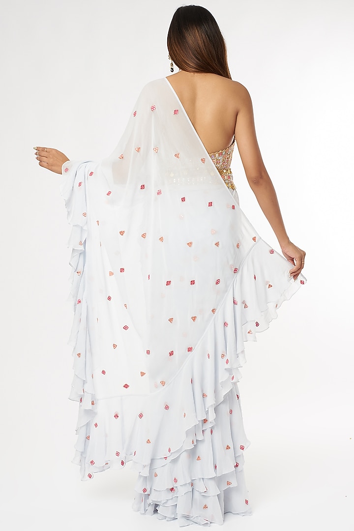 Ice Blue Georgette Ruffled Wedding Saree Set by Tamanna Punjabi Kapoor at Pernia's Pop Up Shop