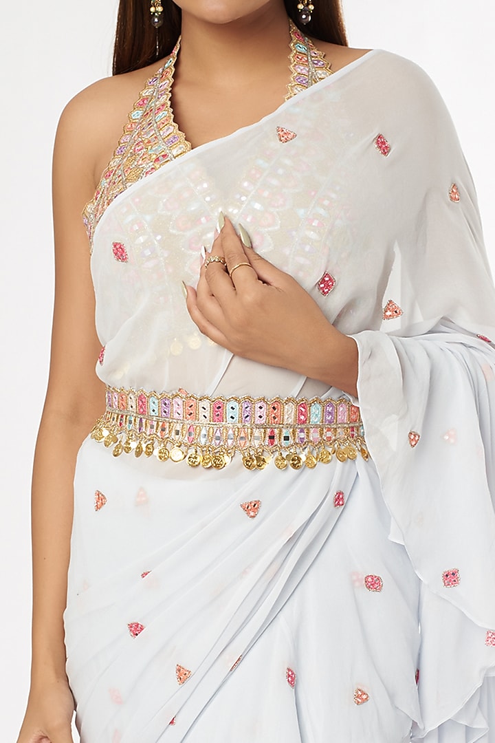 Ice Blue Georgette Ruffled Wedding Saree Set by Tamanna Punjabi Kapoor at Pernia's Pop Up Shop