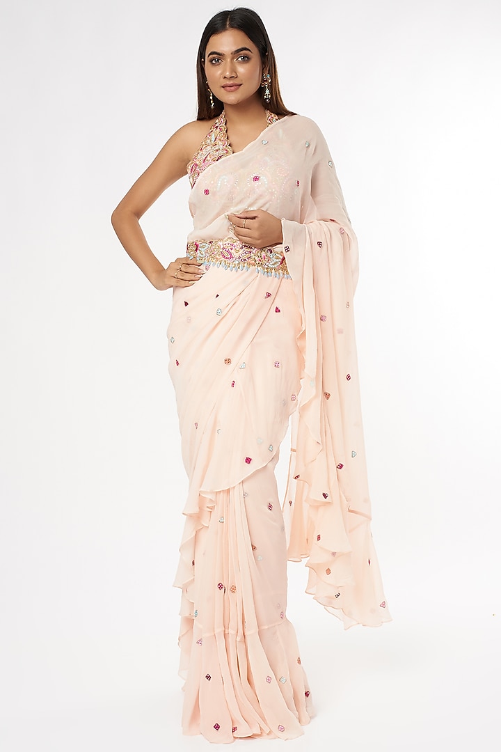 Blush Pink Georgette Ruffled Saree Set by Tamanna Punjabi Kapoor