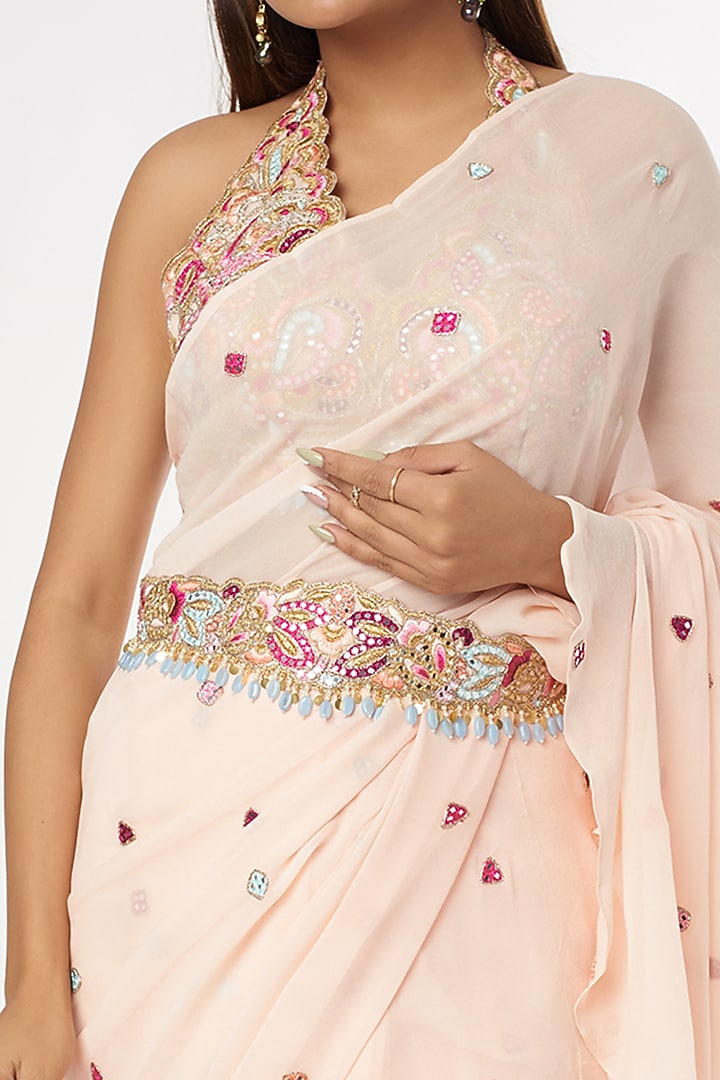 Blush Pink Georgette Ruffled Wedding Saree Set by Tamanna Punjabi Kapoor at Pernia's Pop Up Shop