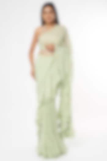 Mint Green Georgette Ruffled Saree Set With Belt by Tamanna Punjabi Kapoor