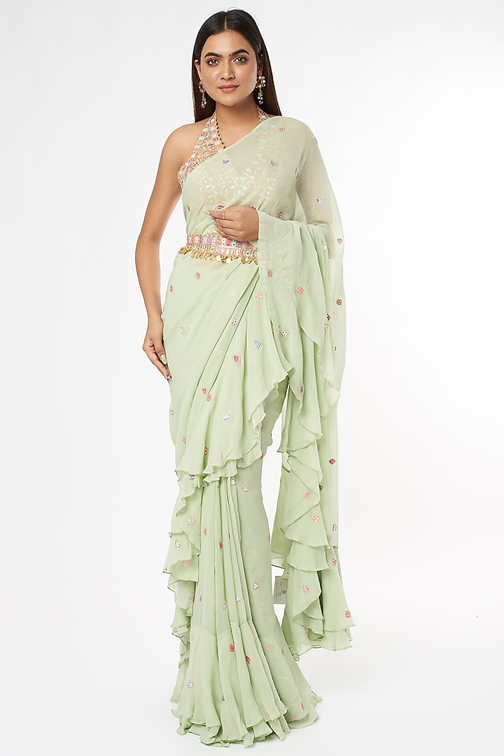 Mint Green Georgette Ruffled Saree Set With Belt by Tamanna Punjabi Kapoor