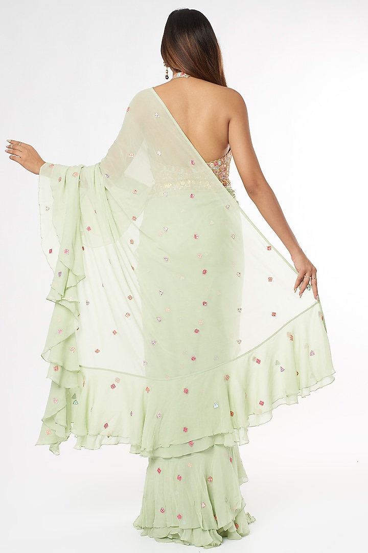 Mint Green Georgette Ruffled Wedding Saree Set With Belt by Tamanna Punjabi Kapoor at Pernia's Pop Up Shop