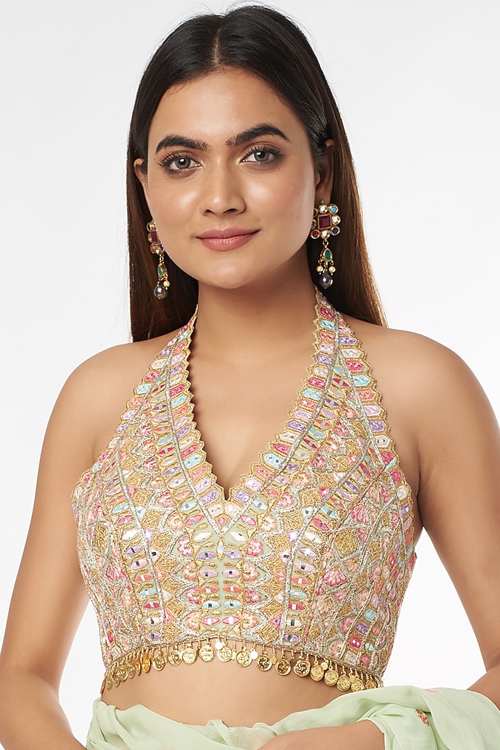 Mint Green Georgette Ruffled Wedding Saree Set With Belt by Tamanna Punjabi Kapoor at Pernia's Pop Up Shop