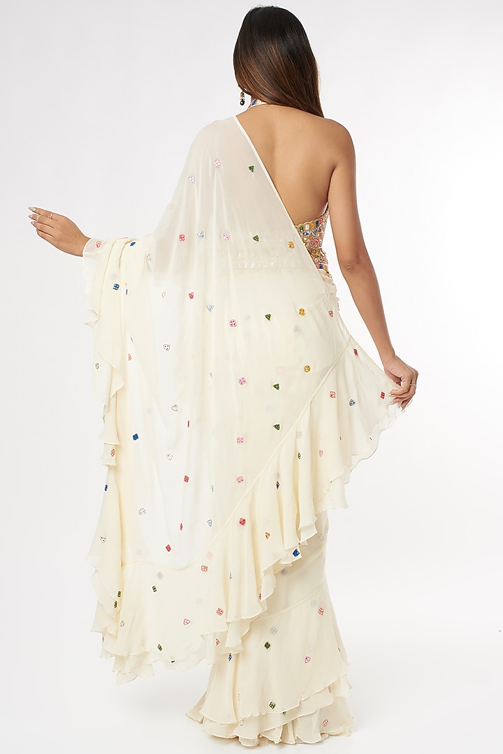 Ivory Georgette Ruffled Wedding Saree Set by Tamanna Punjabi Kapoor at Pernia's Pop Up Shop